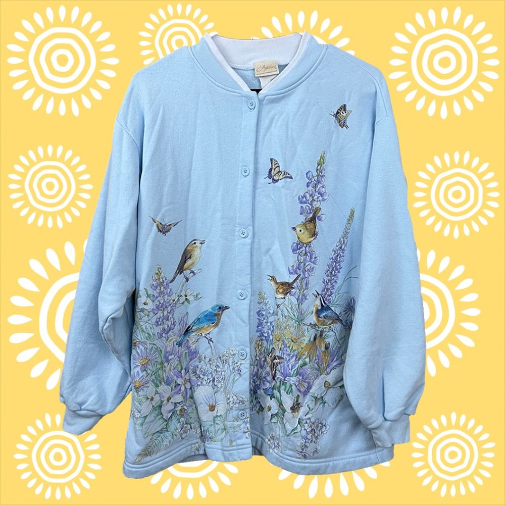 Vintage Artisans Bird & Flower Light Blue Button Down Cardigan Women's Large